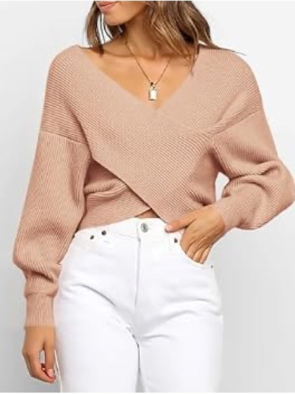 Women's V-Neck Wrap Knit Sweater - Tan - Picture 1 of 3
